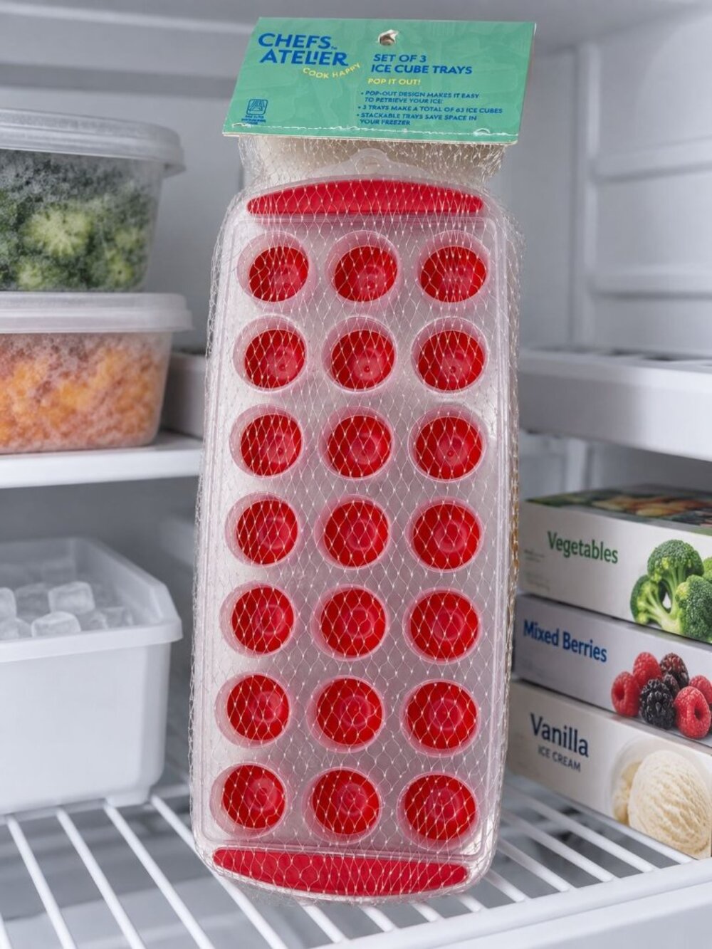 Chefs Ateler Set 3 Stackable Ice Cube Trays Pop Out Red Design Dishwasher Safe
